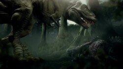 A computer animation illustrates a T-Rex's sense of smell as it feeds on a dinosaur carcass. Stock Footage