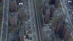 Aerial shot of high rise towers in a NYC Housing Authority housing development. Stock Footage