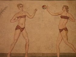 Piazza Armerina (villa Romana del Casale),vestibule, double floors,  room of ten girls in bikinis Stock Footage