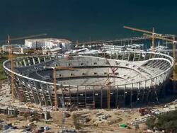 T/L The new FIFA 2010 Cape Town Stadium under construction in Greenpoint, seen from Signal Hill, South Africa Stock Footage