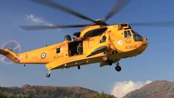 An RAF search and rescue Sea King helicopter, in Ambleside, Lake District, UK. Stock Footage