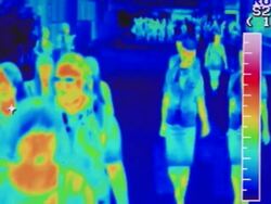 People are passing by thermo-graphic camera at Incheon International Airport Stock Footage