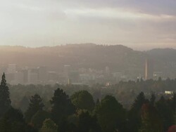WS City of Portland is dramatically lit at sunset with trees / Portland, Oregon, United States  Stock Footage