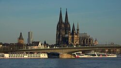 Rhine River, Gross St. Martin's Church and Cologne Cathedral, Cologne, North Rhine-Westphalia, Germany Stock Footage