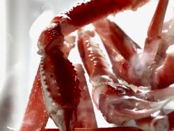 SLO MO ECU View of snow crab legs tossed in air and lemons in background / Los Angeles,CA,USA Stock Footage