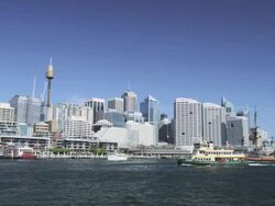Sydney CBD from Darling Harbour with Sydney Tower, Sydney, New South Wales, Australia Stock Footage