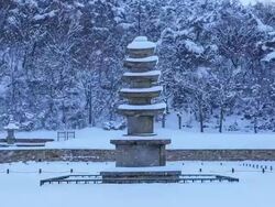 Snow scene of Bowonsajiocheungseoktap(Stone Pagoda, Korea Treasure 104) at Bowonsa Temple Site(Korea Historic Place 316) Stock Footage