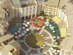 MS AERIAL Shot over cafÃƒÂ© restaurants in euro park / Rust, Baden Wurttemberg, Germany Stock Footage