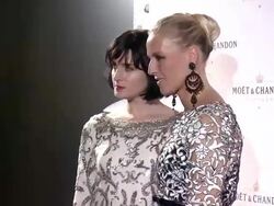 Michele Hicks  (L), Keren Craig (R) and guest at Moet & Chandon Celebrates Its 270th Anniversary with New Global Ambassador International Tennis Champion, Roger Federer Stock Footage