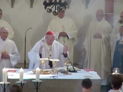 MS Shot of catholic mass at curch St. Marien Saarburg-Beurig, with cardinal Meisner, Cologne / Saarburg, Rhineland Palatinate, Germany Stock Footage