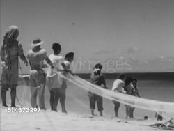 1953: HAWAII: HUKILAU FISHING: XWS BEHIND Indigenous Hawaiians standing on beach watching men on outrigger canoe, VS Men in canoe, MS Male putting net into water, VS People on Nawiliwili Bay shore &amp; men in water, all pulling nets, fish into basket. Instructional Video