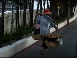 Egg Seller / Vendor Walks Along Street Stock Footage