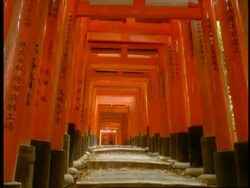 T/L Low angle, People moving though numerous red gates at the Fushimi Inari-Taisha shrine, Kyoto, Japan Stock Footage