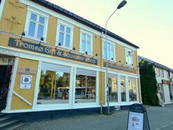 Tromso Norway cruise Hurtigruten downtown shops of souvenir shop Stock Footage