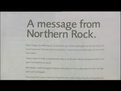 Newspaper advertisement re Northern Rock Building Society's financial problems News Clip