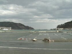 Destruction in Onagawa city, near Sendai Japan on 3rd April 2011; after tsunami following Tohuku earthquake of March 2011.  Tidal flooding in Onagwa port due to coastal area sinking after earthquake Stock Footage