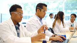 Diverse chemists or chemistry students work on scientific experiment Stock Footage