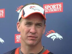 Peyton Manning press conference Denver Broncos Stock Footage