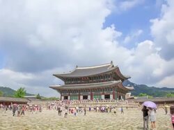 View of Geunjeongjeon(main architecture in Gyeongbokgung) in Gyeongbokgung(ancient palace) Stock Footage