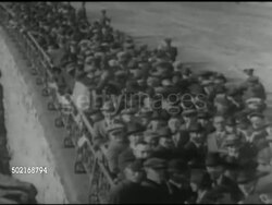 Crowds wait to enter baseball stadium, and a baseball game in the 1930s News Clip