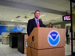 News Conference for the Start of hurricane season at NOAAâ€™s National Hurricane Center Stock Footage