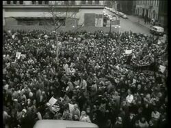 B/W 1960's high angle PAN of crowd at civil rights demonstration / SOUND Stock Footage