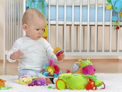 HD: Baby Boy Exploring New Toys Stock Footage