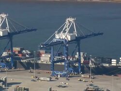 MS AERIAL Shot of container port at Charleston city / South Carolina, United States Stock Footage