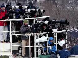 January 20, 2009 Photographers setting up on platform at the inauguration of President Barack Obama/ Washington DC/ AUDIO Stock Footage