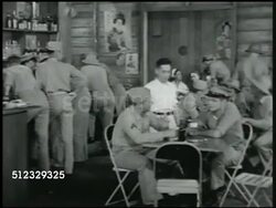 1941: U.S. MARINE BASE: ALERT: WS Marine on hill blowing horn. WS Soldier running pass bar 'K.Sawada.' INT Marines at tables running out. EXT VS Marines & Navy sailors running out of bar, over hills, into barn. Philippines, Pacific Front, WWII Instructional Video