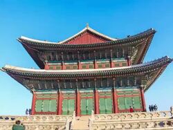 MS POV TS L Shot of Geunjeongjeon Hall in Gyeongbokgung Royal Palace (Representative Architecture of Joseon Dynasty) / Seoul, South Korea Stock Footage