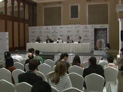 Abdullah Al Kaabi, Jean Reno and Cyrille Thouvenin at the The Philosopher Photocall and Press Conference: 7th Dubai International Film Festival at Dubai .  Stock Footage
