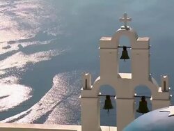 CU ZO Shot of church in Firostefani with Ocean / Santorini, Cyclades, Greece Stock Footage