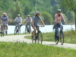 MS TS Shot of cyclists on bikeway at Saar Valley / Saarburg, Rhineland Palatinate, Germany Stock Footage