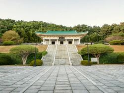 WS T/L View of Chungnyeolsa temple (keep an ancestral tablet in honor of the dead of Japanese Invasion of Korea in 1592 in a shrine) / Busan, Gyeongsangnam do, South Korea  Stock Footage