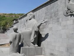 Yerevan, Matenadaran, Mashtots institue of ancient manuscripts, statue of Saint Mesrop Mashtots in the front of the museum Stock Footage