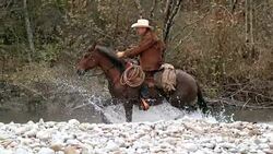 SLO MO TS Ranger crossing river on trotting horse Stock Footage