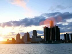 Skyline of Detroit, MI during sunset Stock Footage