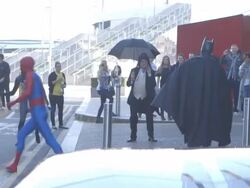 Jakob meets Batman and Spider-Man at 'Rays of Sunshine' Children's Charity Grant Sick Child's Wish To Meet Batman And Spiderman Stock Footage