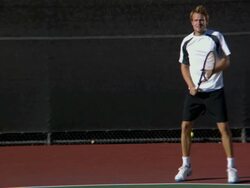 SLO MO, WS, Young man playing tennis, Santa Barbara, California, USA Stock Footage