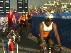 ATMOSPHERE - Bikers at Nautica Malibu Triathlon Presented by Equinox on 9/8/13 in Malibu, CA. Stock Footage