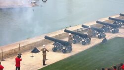 Canon firing on the Saluting Battery above the Grand Harbour Stock Footage