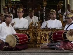 MS Balinese musicians playing traditional Gamelan Orchestra in Pura Dalem Puri temple AUDIO / Ubud, Bali, Indonesia Stock Footage