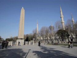 EGYPTIAN CONSTANTINE OBELISK AND BLUE MOSQUE MINARETS Stock Footage