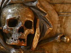 PAN Ancient Scull Sculpture Closeup (4K/UHD to HD) Stock Footage