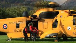 An RAF search and rescue Sea King helicopter, in Ambleside, Lake District, UK. Stock Footage