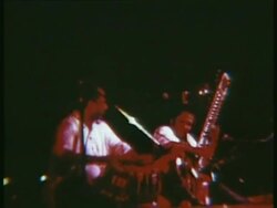1969 MS ZO ZI Ravi Shankar playing sitar beside man with drums onstage at Woodstock music festival/ Bethel, New York, USA Stock Footage