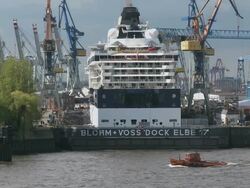 WS View of ship yard Blohm, river Elbe / Voss, Hamburg, Hamburg, Germany Stock Footage