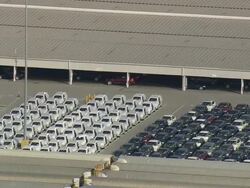MS AERIAL Shot of new cars parked at BMW Assembly Plant near Greenville / South Carolina, United States Stock Footage