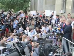 Attorneys Benjamin Brafman and William Taylor with press outside of a Manhattan court Stock Footage